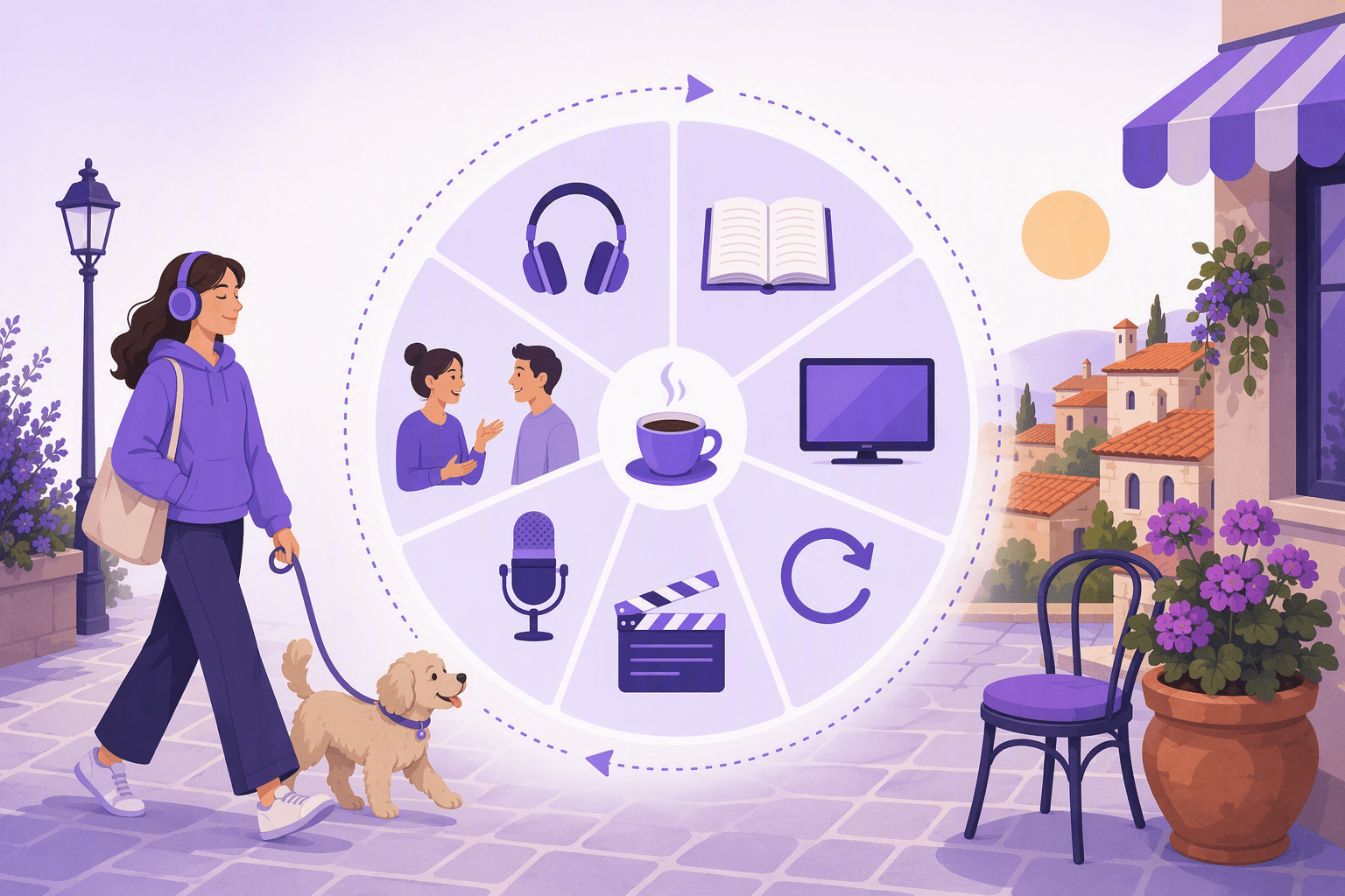 Circular week wheel split into seven wedges, each holding one icon - headphones, an open book, a television, a replay arrow, a film clapperboard, a podcast microphone and two figures talking - around a central cup of coffee, with a dotted arrow looping around the rim, a listener walking a dog on a tiled plaza and a cafe chair beside terracotta rooftops, illustrating a repeatable weekly Spanish input routine