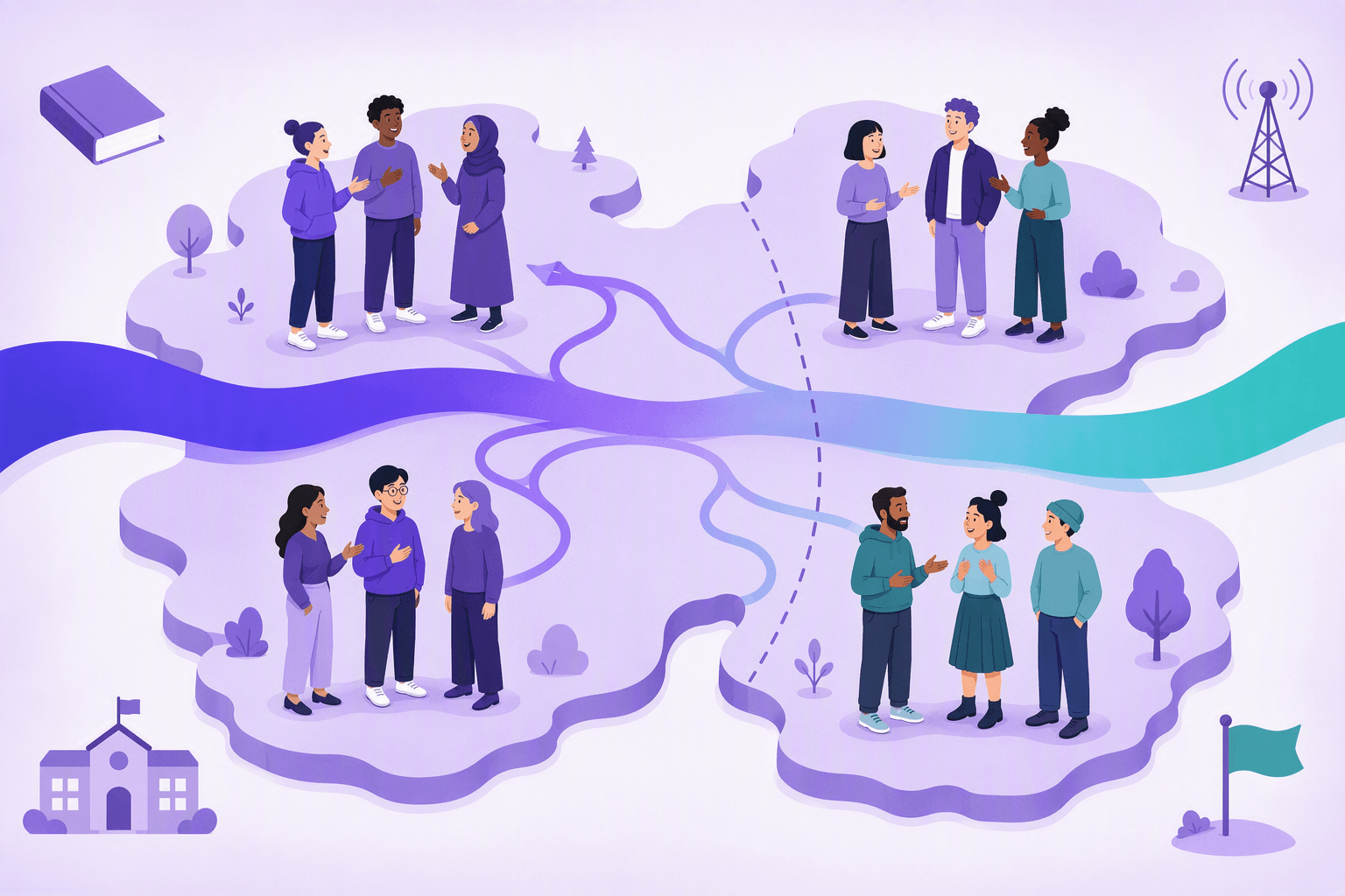 Groups of speakers across neighbouring regions linked by branching lines, with a colour band that shifts gradually while a dashed border cuts across it