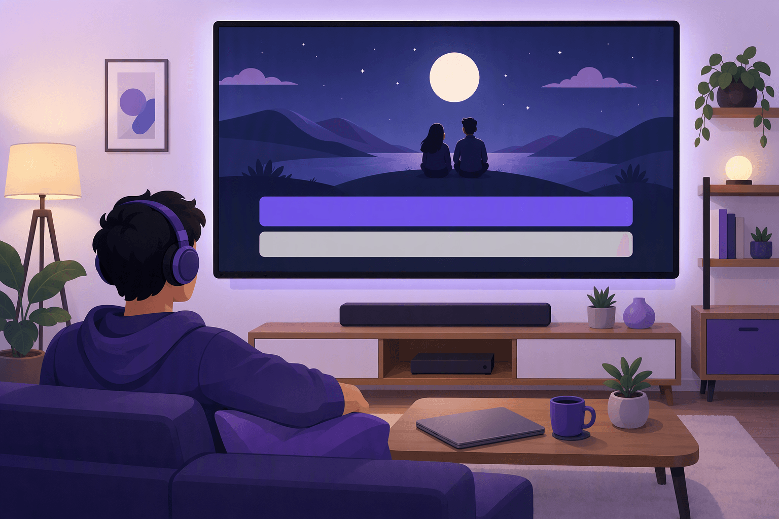A viewer watching a film on a large screen with two stacked subtitle bars below the picture, one for the target language and one for the native language