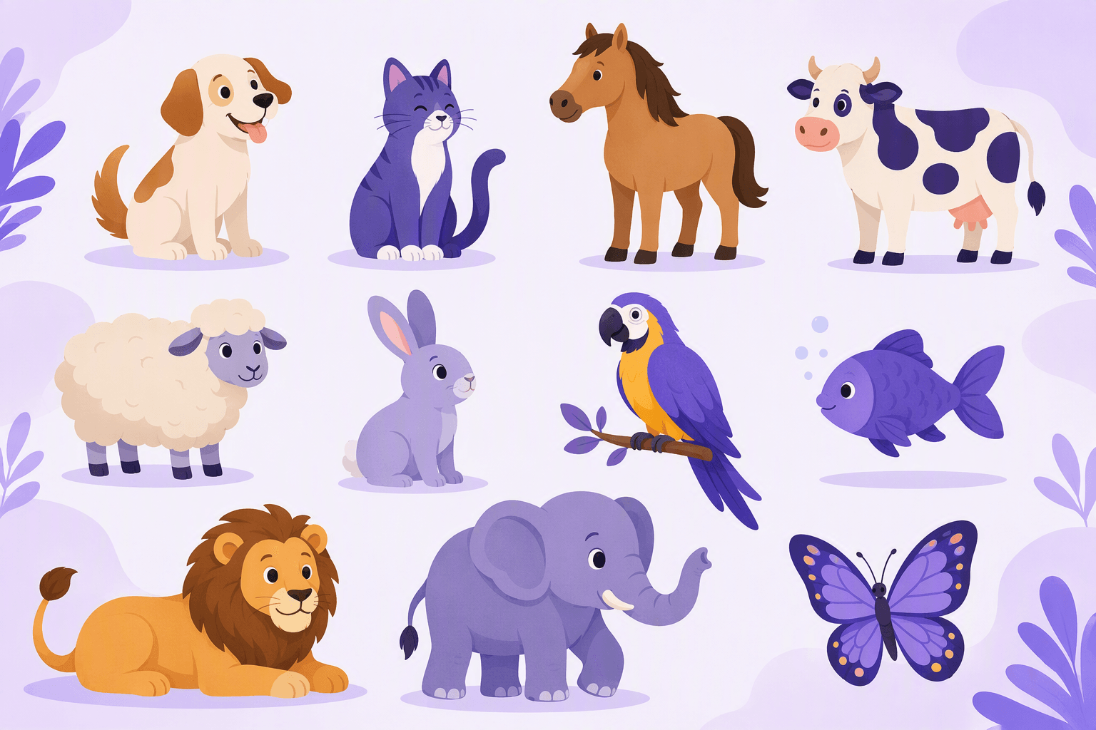 Ilustración plana de animales comunes cubiertos en esta guía de vocabulario en inglés: perro, gato, caballo, vaca, oveja, conejo, loro, pez, león, elefante y mariposa