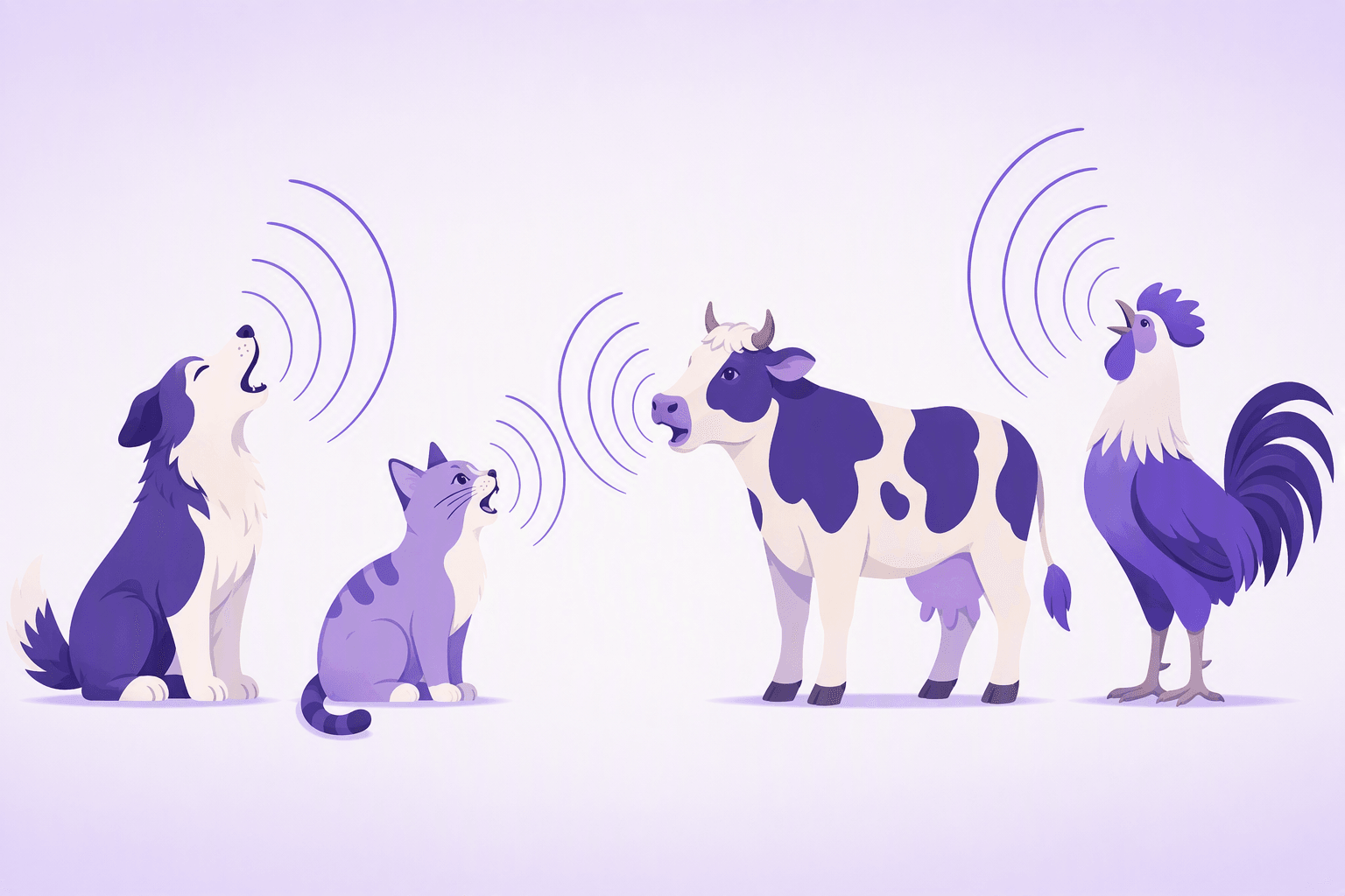 Ilustración plana de un perro ladrando, un gato maullando, una vaca mugiendo y un gallo cacareando, cada uno con ondas de sonido extendiéndose desde su boca