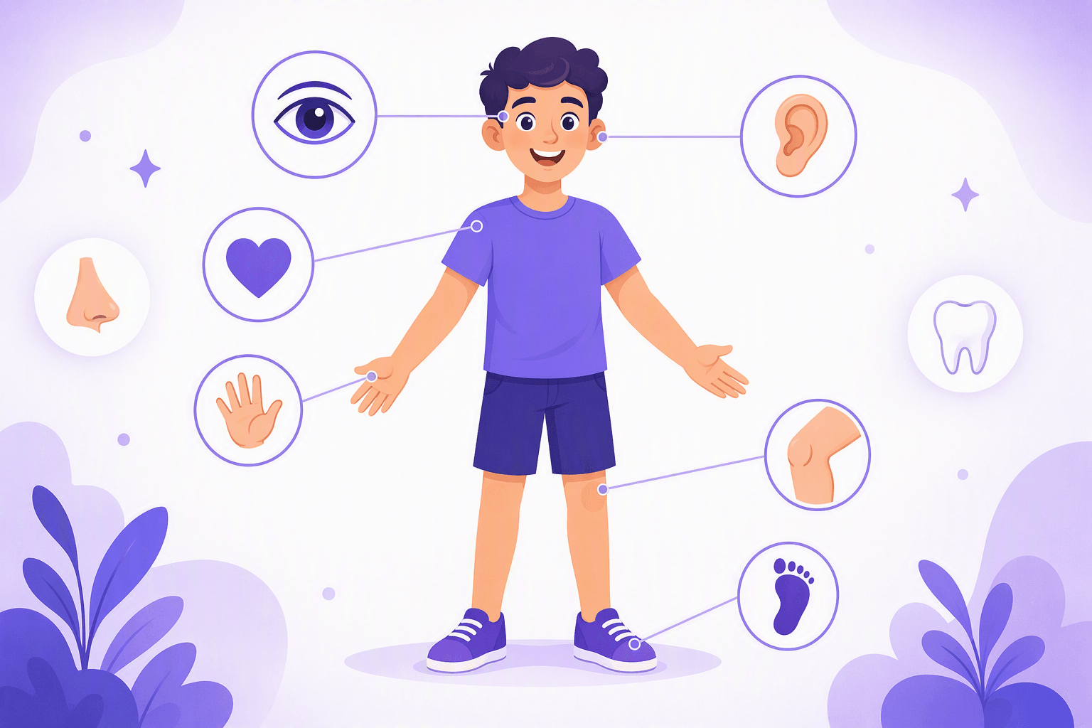 Illustration of a standing person with icon markers pointing to the eye, ear, nose, hand, knee, foot and tooth