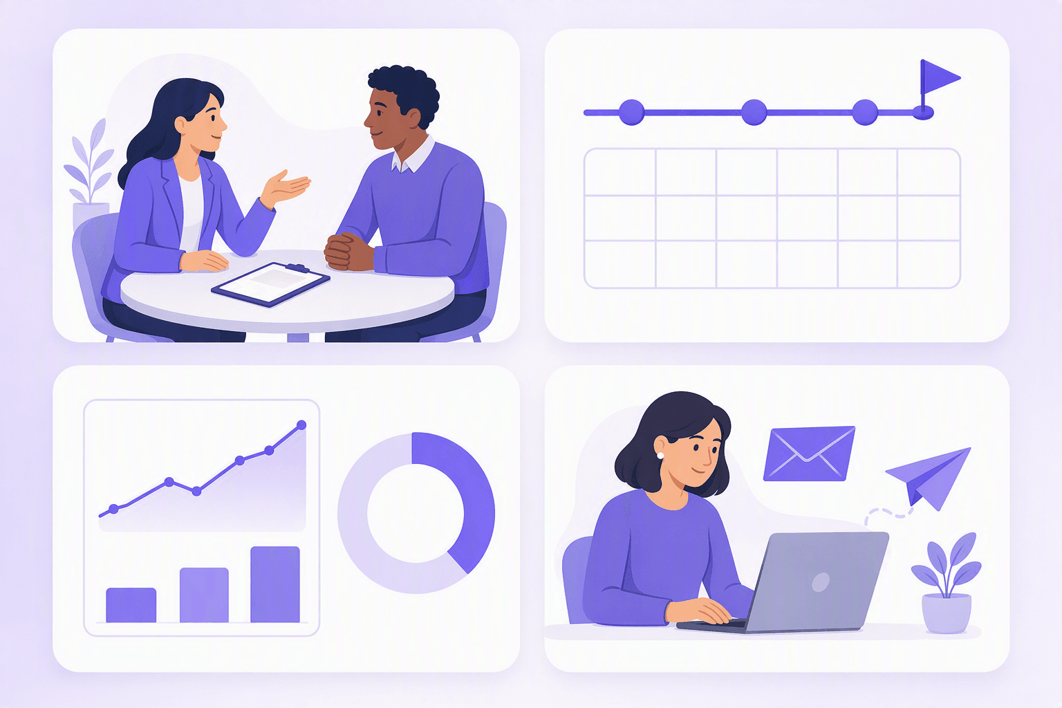 Four panels showing the clusters: two colleagues talking at a table, a milestone track above a blank calendar grid, a results dashboard with a rising line and a progress ring, and a person writing email at a laptop