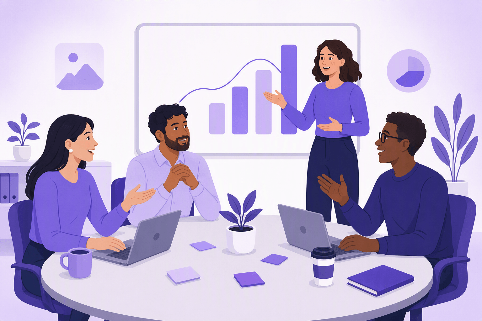 Four colleagues around a meeting table with laptops and notes, one presenting a growth chart on a whiteboard
