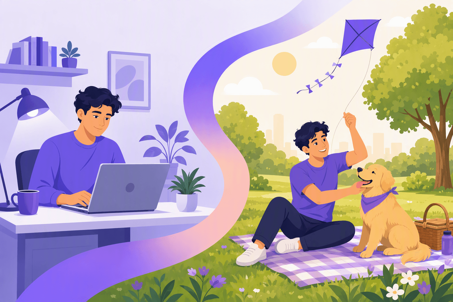 The same person at a desk with a laptop on a weekday, and relaxing in a sunny park on the weekend, split by a flowing gradient ribbon