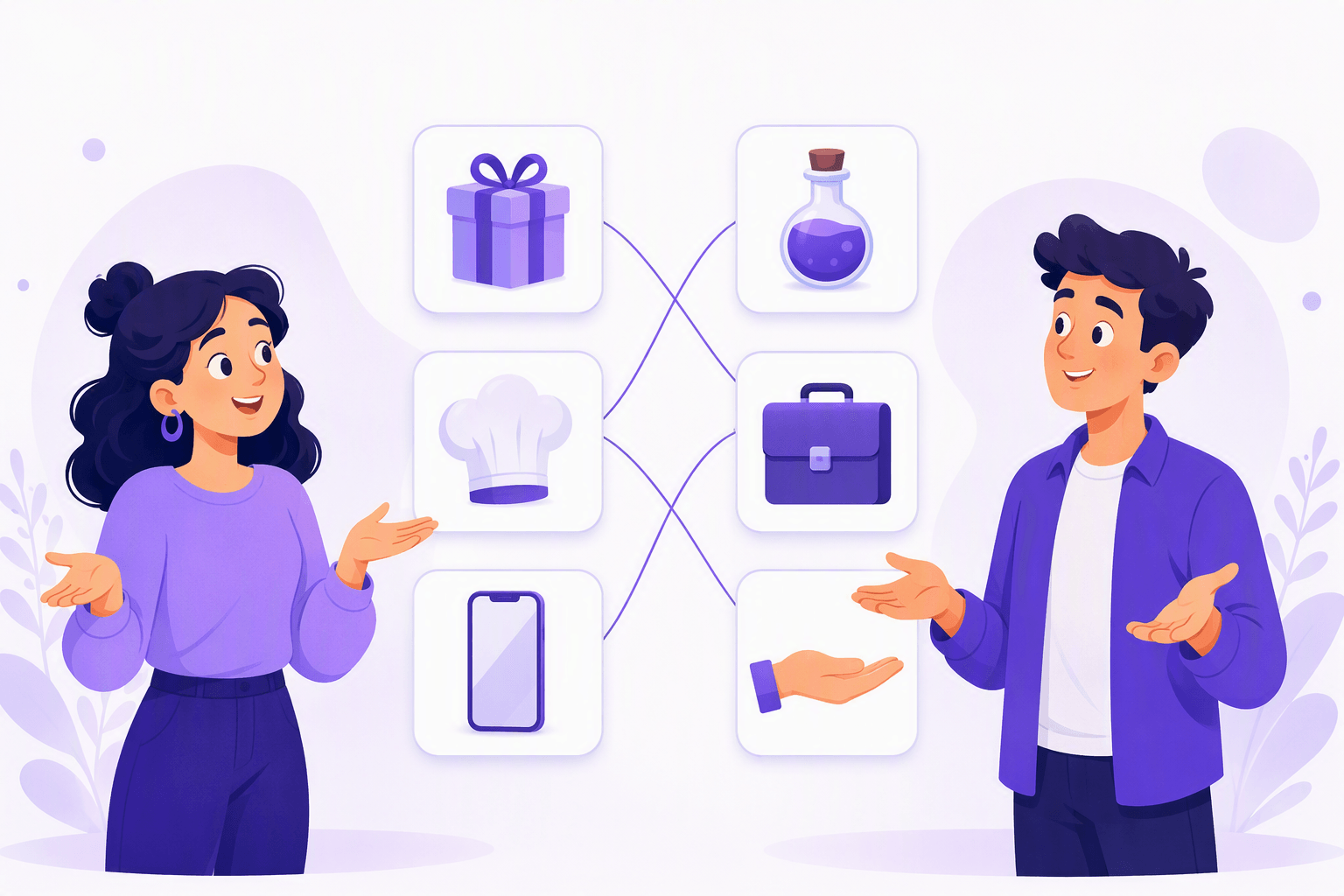 Two people facing each other while look-alike English and German word icons cross over between them, showing how false friends swap meanings