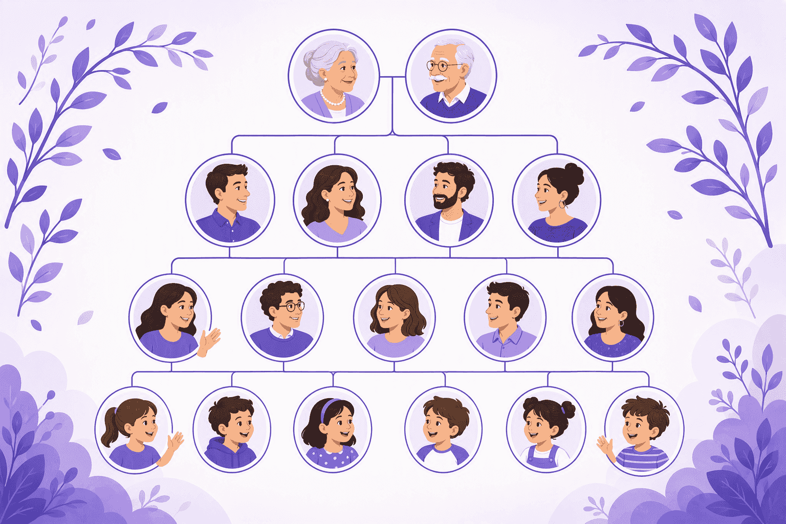 Family tree with four generations of portrait medallions connected by lines