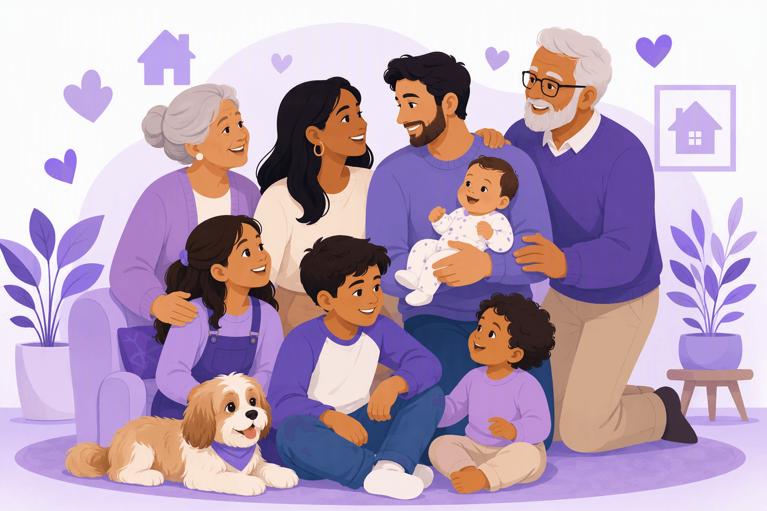 Three generations of one family together: grandparents, parents, children and a baby