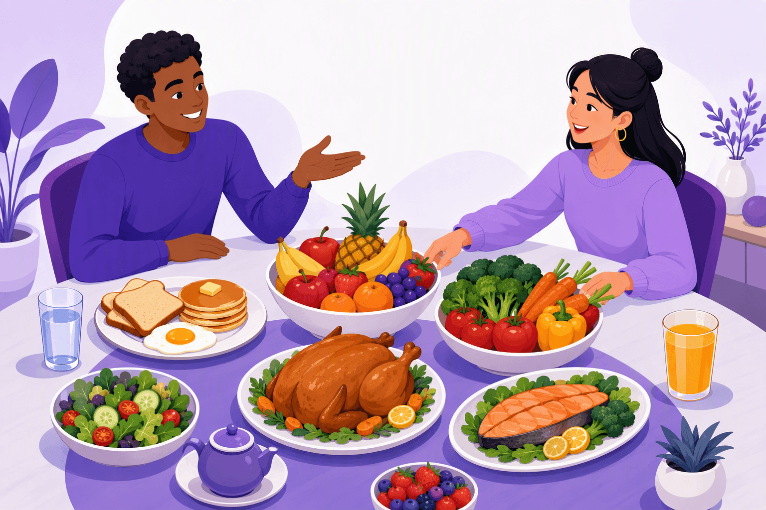 A shared table laid with fruit, vegetables, breakfast dishes, roast chicken, fish and drinks, with two people talking over the meal