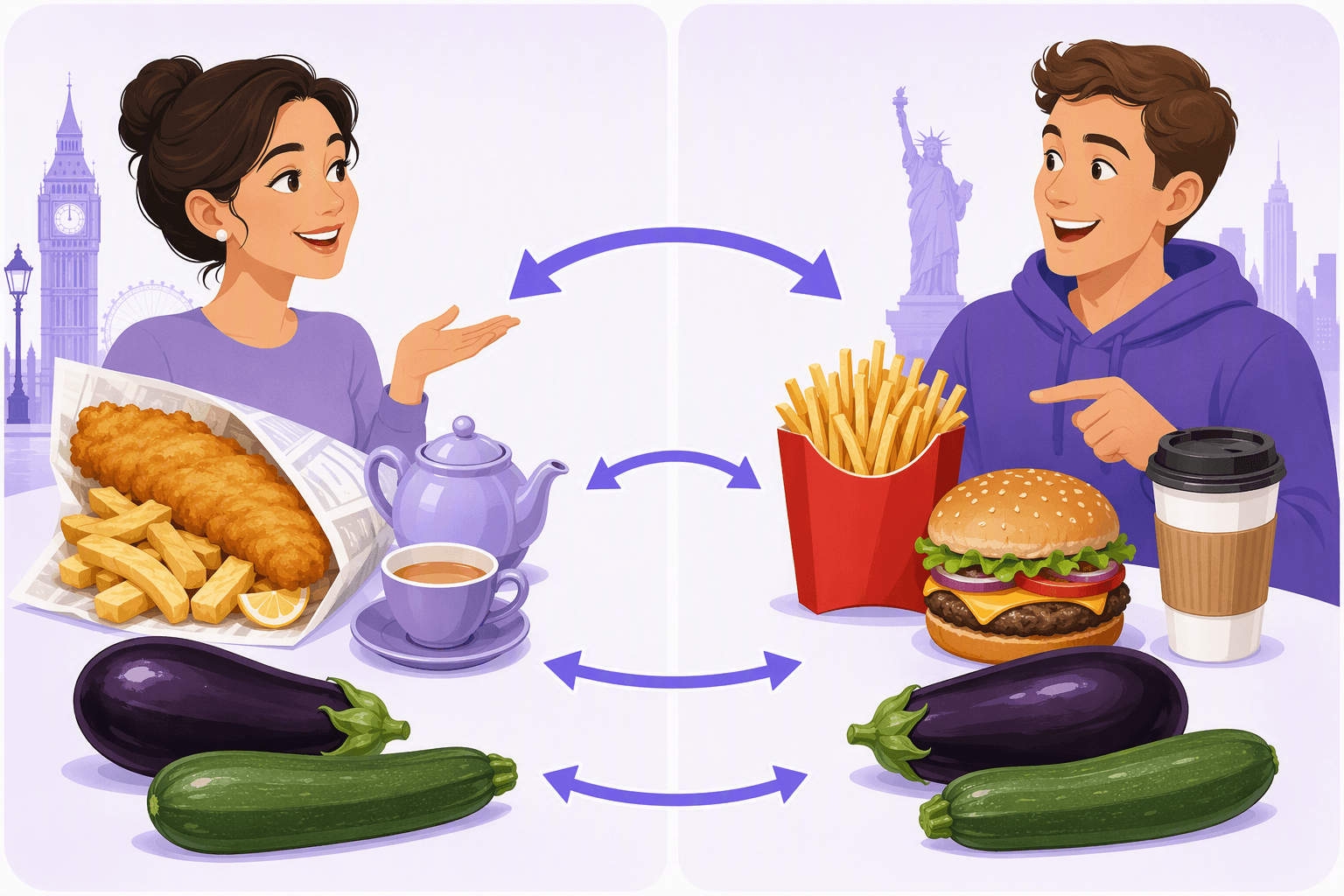 Split illustration comparing a British meal of battered fish with thick chips, a teapot, an aubergine and a courgette to an American meal of thin fries, a burger, a takeaway coffee, an identical eggplant and zucchini