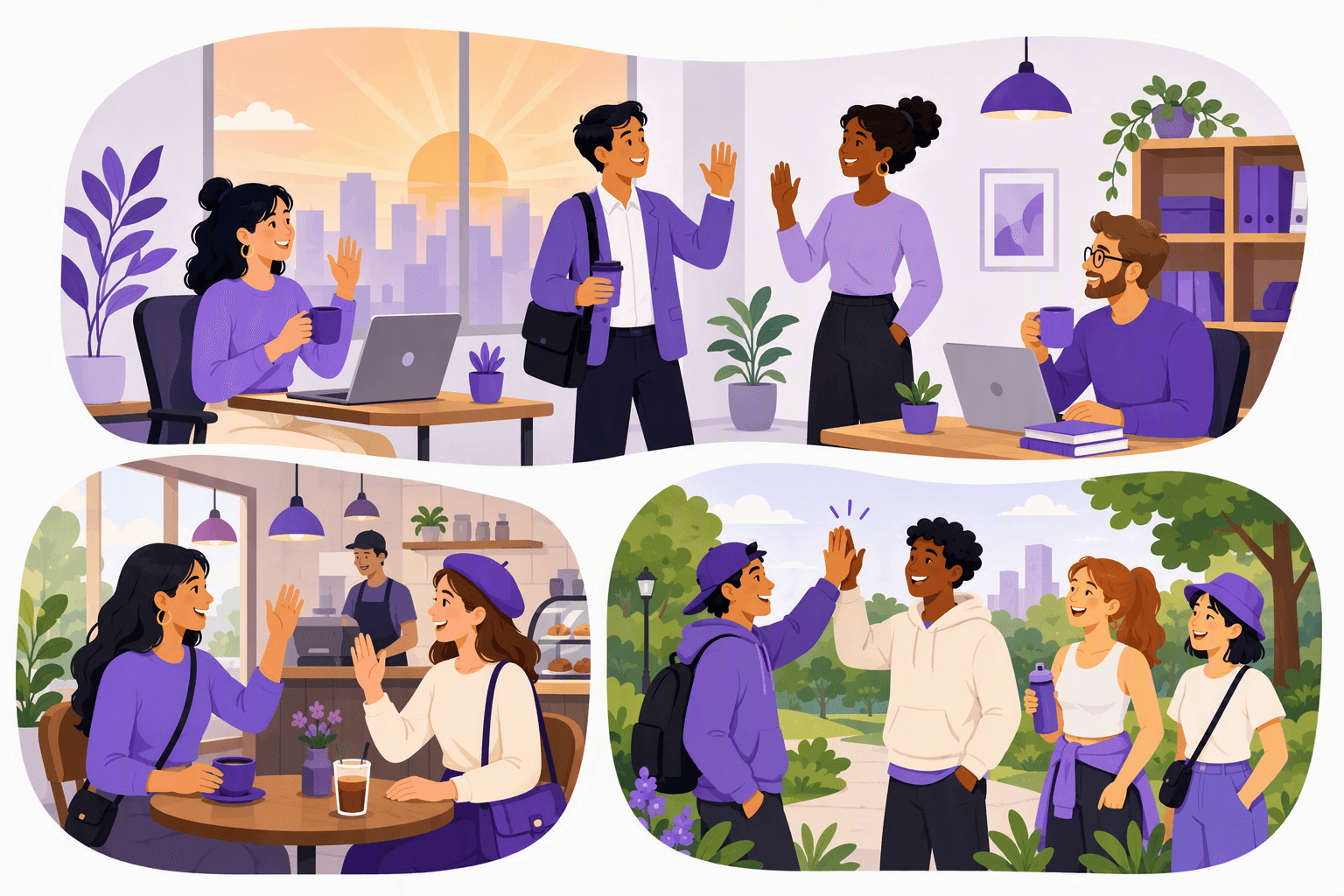 Flat-vector scene showing diverse people greeting each other in a morning office, a daytime café, and a casual park meetup through waves and high-fives.