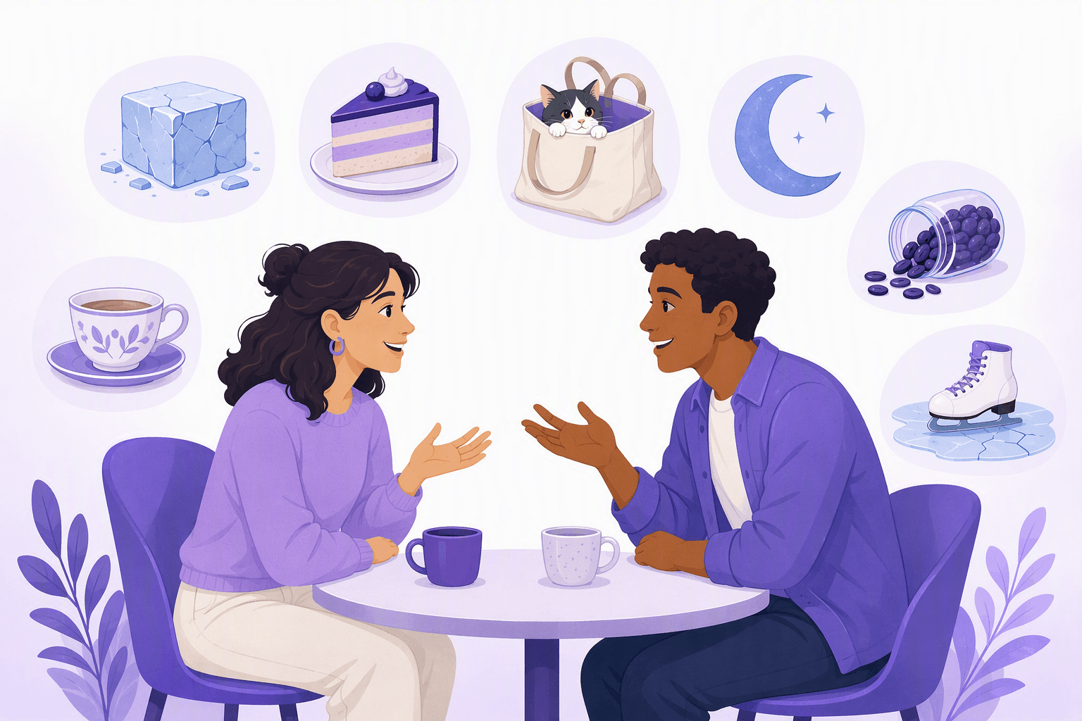 Two friends talking over coffee surrounded by picture symbols of English idioms: cracking ice, a slice of cake, a cat in a bag, a blue moon, spilled beans and a teacup
