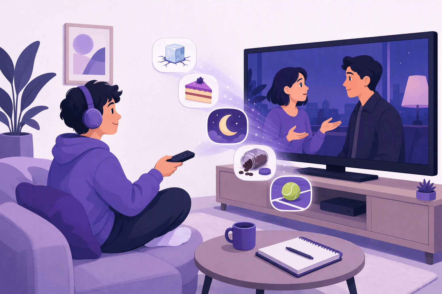 A learner on a couch with headphones watching a dialogue scene on TV while idiom picture symbols drift out of the screen