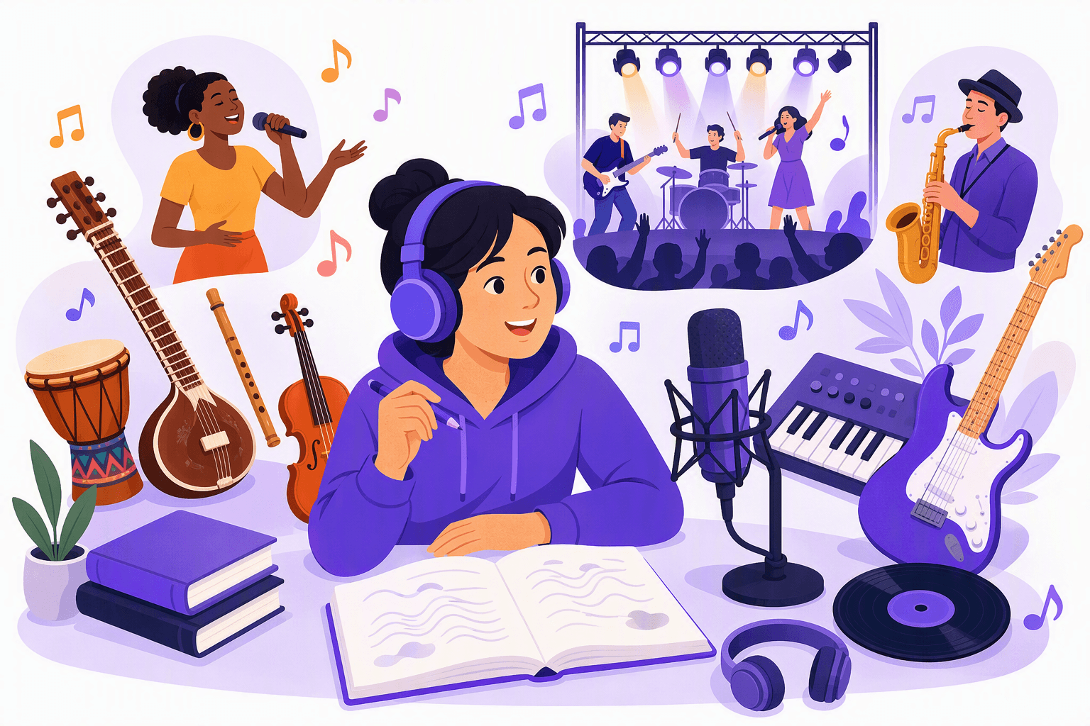 A language learner with headphones studies beside a notebook while musical notes, a microphone, guitar, keyboard, vinyl record, stage lights, and other instruments represent music vocabulary, songs, genres, and concerts.