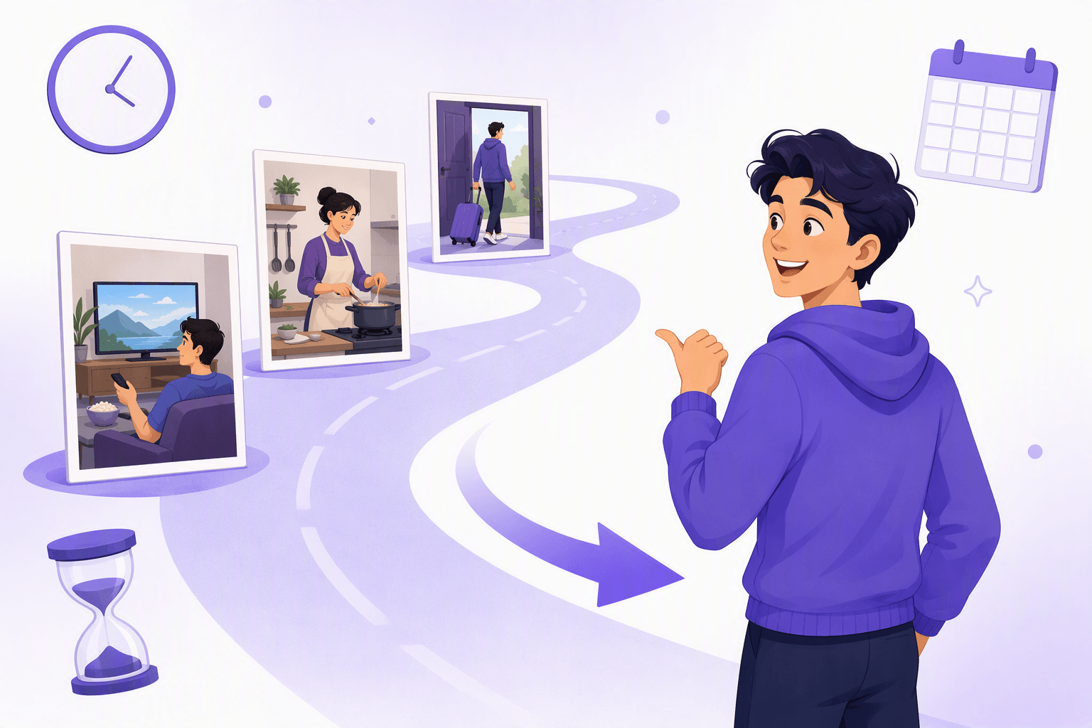 Person looking back along a winding road at three framed scenes of finished past moments, illustrating English past tenses