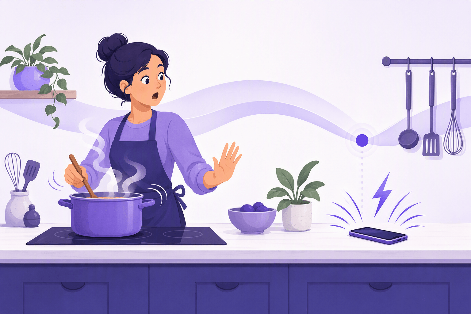 Person cooking at a stove with motion lines while a phone suddenly rings, showing a background action in progress interrupted by a single past event