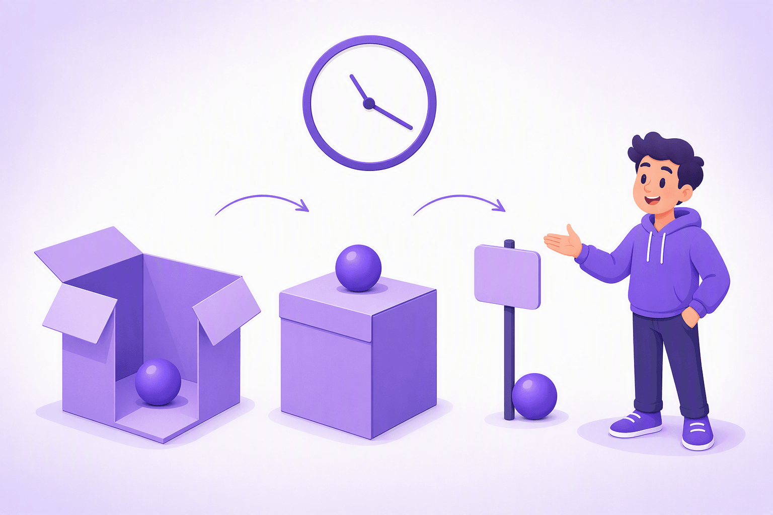 A ball inside an open box, a ball resting on top of a closed box, and a ball at a single point beside a signpost, with a clock above, illustrating the in, on, and at relationships in English