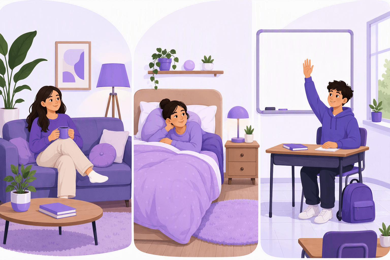 Three everyday scenes side by side: a person relaxing on a sofa in a living room, a person resting under a blanket in bed, and a student raising a hand at a desk in a classroom