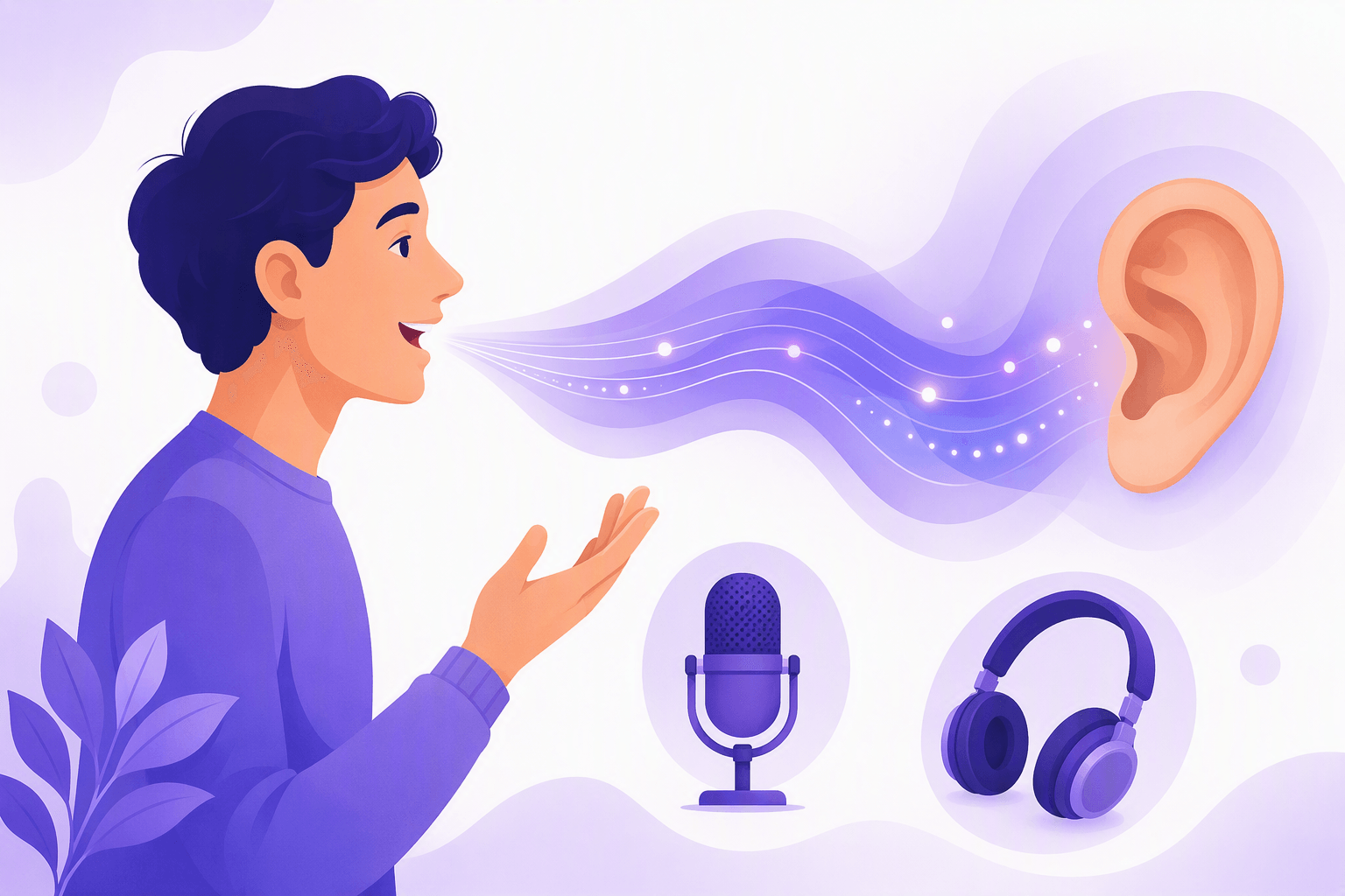 Seorang penutur mengirim gelombang suara ke arah telinga yang mendengarkan, dengan mikrofon dan headphone di dekatnya, menggambarkan latihan pengucapan bahasa Inggris
