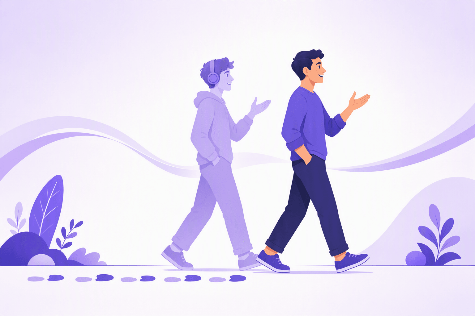 Um aluno de auscultadores a caminhar meio passo atrás de um falante e a copiar a mesma postura e o mesmo gesto de mão, com pegadas emparelhadas a marcar o ritmo correspondente, ilustrando a prática de shadowing