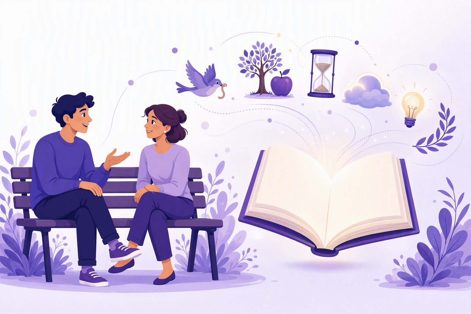 Two people talking on a bench beside an open book, with icons of classic English proverbs floating above it