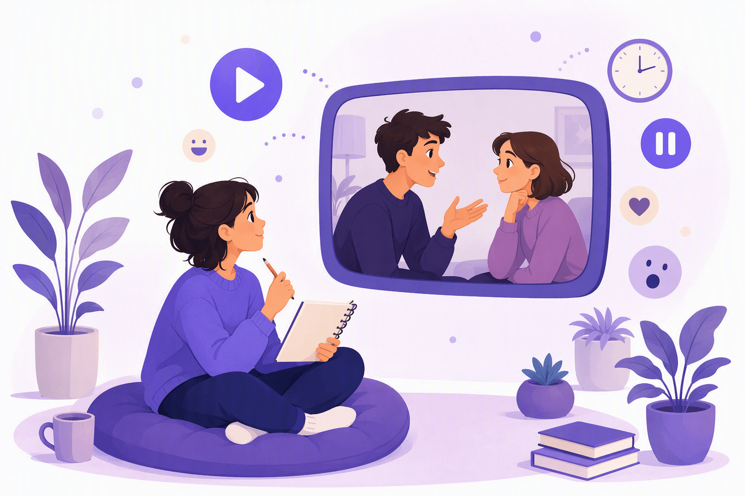A learner sitting with a notebook, watching a silent film scene of two characters talking, surrounded by playback and mood icons
