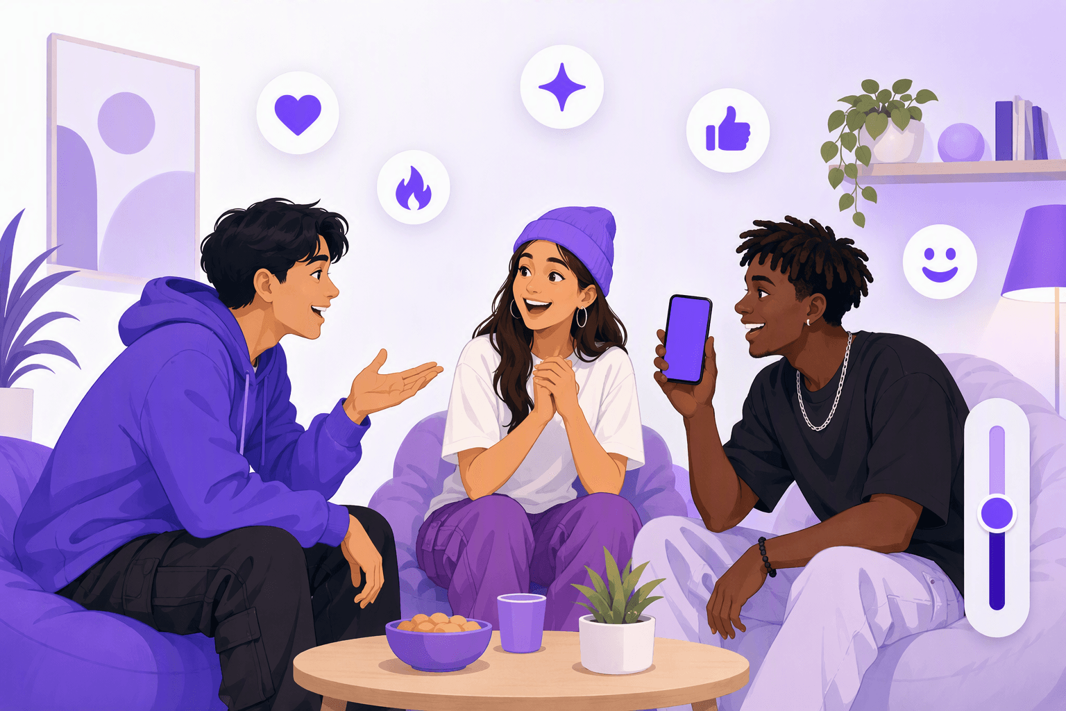 Three friends laughing together in a relaxed conversation, surrounded by reaction icons and a tone slider