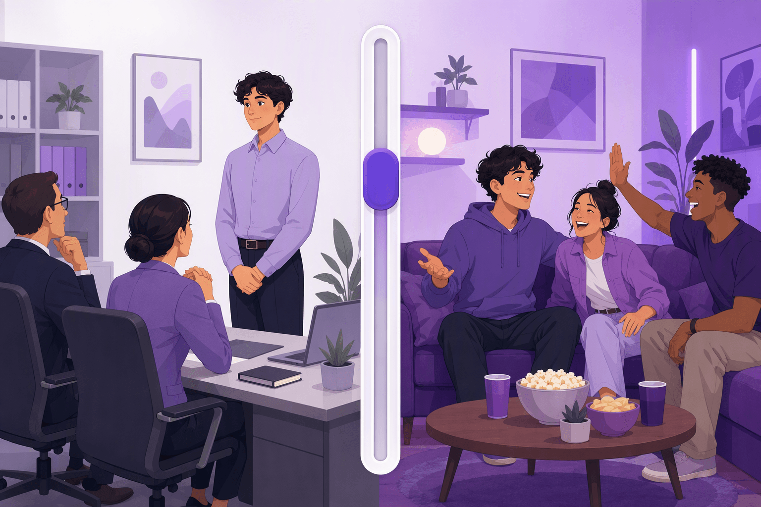 The same person in a formal office meeting on one side and relaxed with friends on the other, with a slider between the two settings