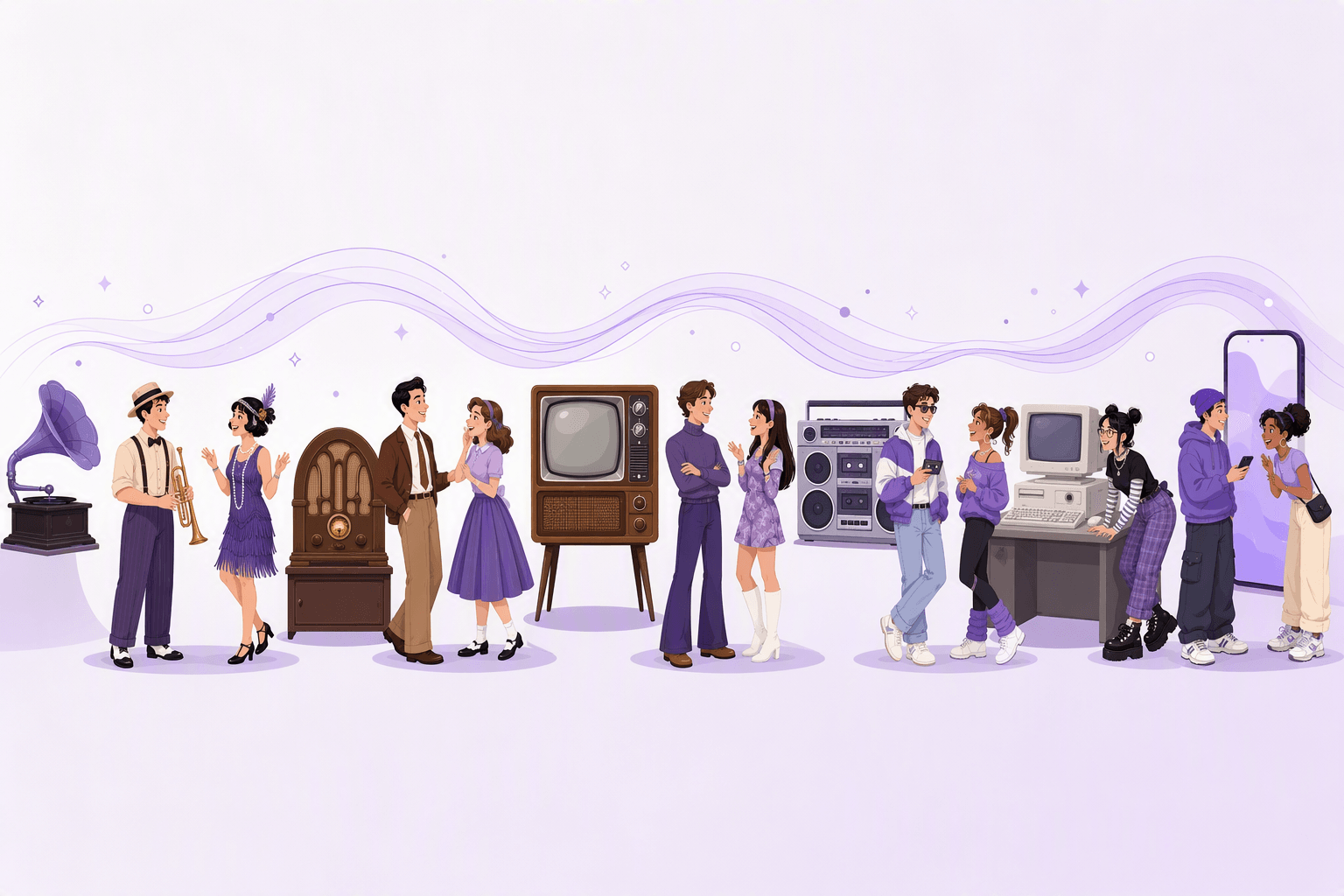 A century of English slang travelling from jazz-age gramophones and radios through television and boomboxes to computers and smartphones, with young people of each era chatting
