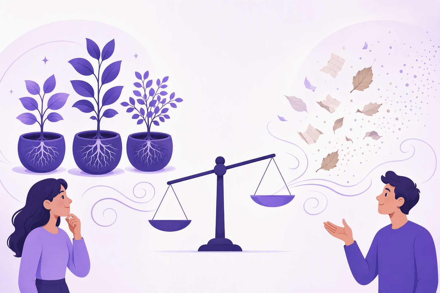Slang that survives shown as deep-rooted growing plants next to slang that fades, shown as paper scraps and dry leaves blowing away, with a balance scale between them