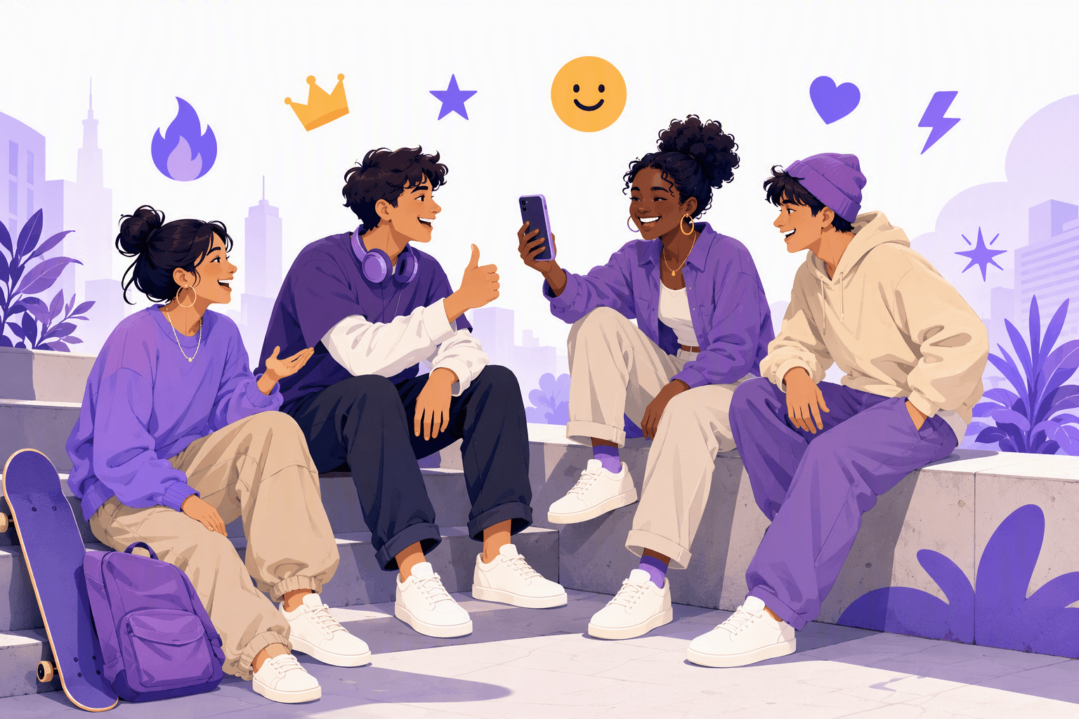 Jovens amigos a conviver e a conversar casualmente, rodeados de ícones lúdicos que representam a gíria inglesa moderna