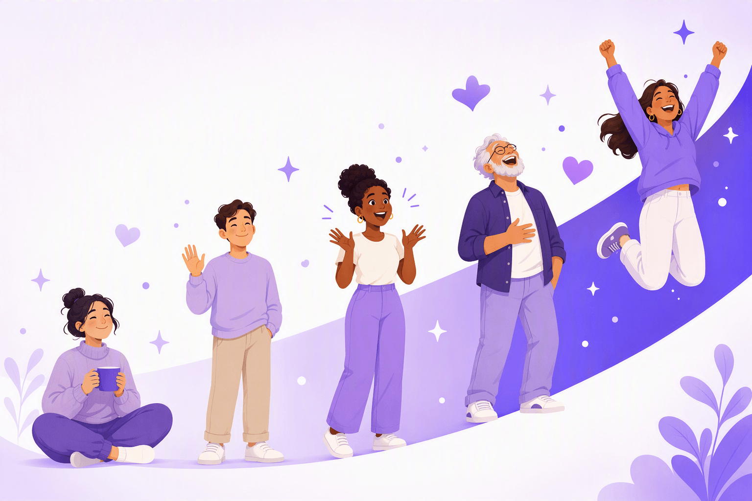 Five people showing rising degrees of happiness along an ascending purple curve, from calm contentment to arms-raised celebration