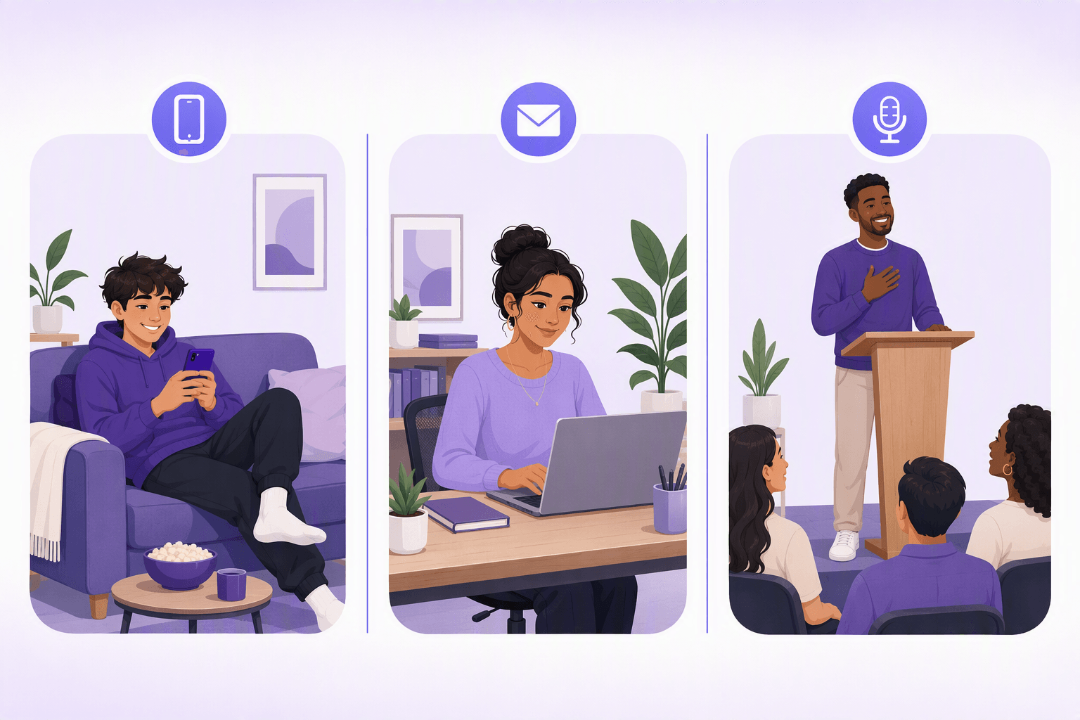 Three panels showing the same good feeling in three registers: texting on a sofa, writing an email at a desk, and speaking warmly at a lectern