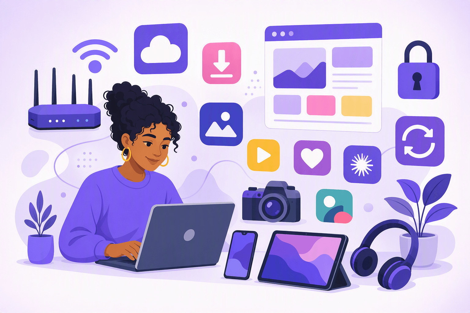 Flat-vector illustration of a person using a laptop with a smartphone and tablet, surrounded by technology-related objects and abstract icons for Wi‑Fi, apps, passwords, downloads, updates, browsing, screenshots, cloud storage, and media.