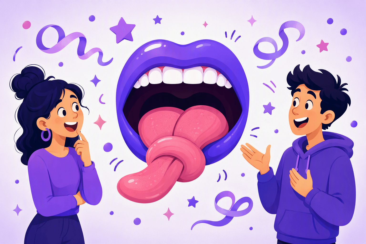 Playful illustration of an open mouth with its tongue tied in a knot, flanked by two laughing people and confetti ribbons and stars - a metaphor for English tongue twisters