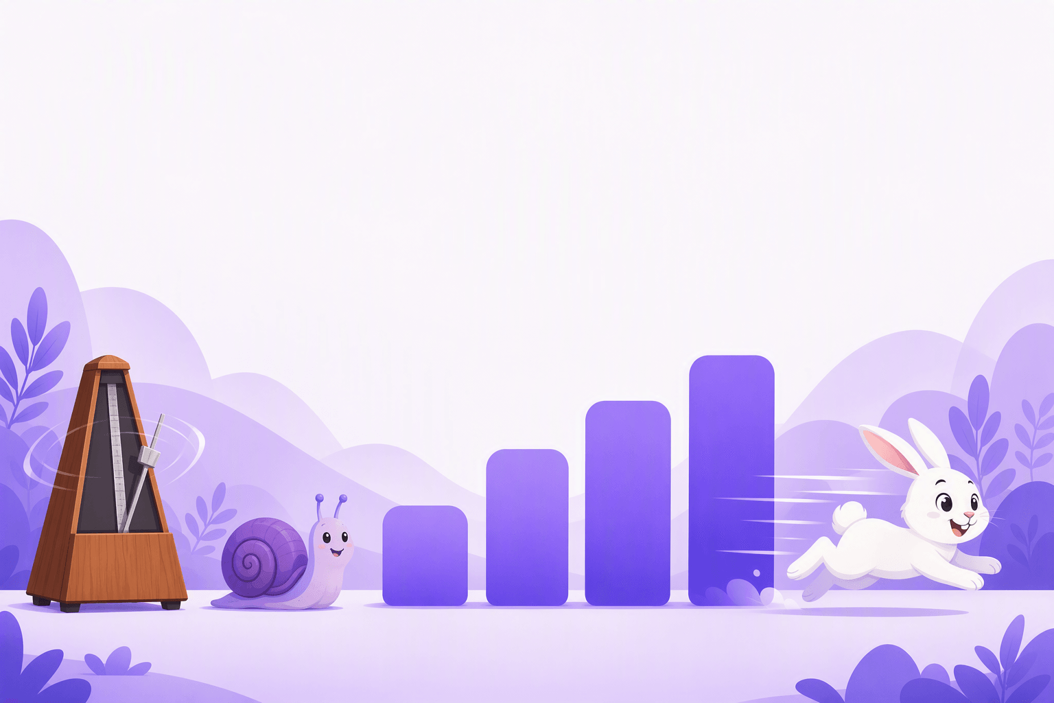 Illustration of a metronome, a snail, ascending steps, and a running rabbit - the slow-to-fast speed ladder for tongue twister practice