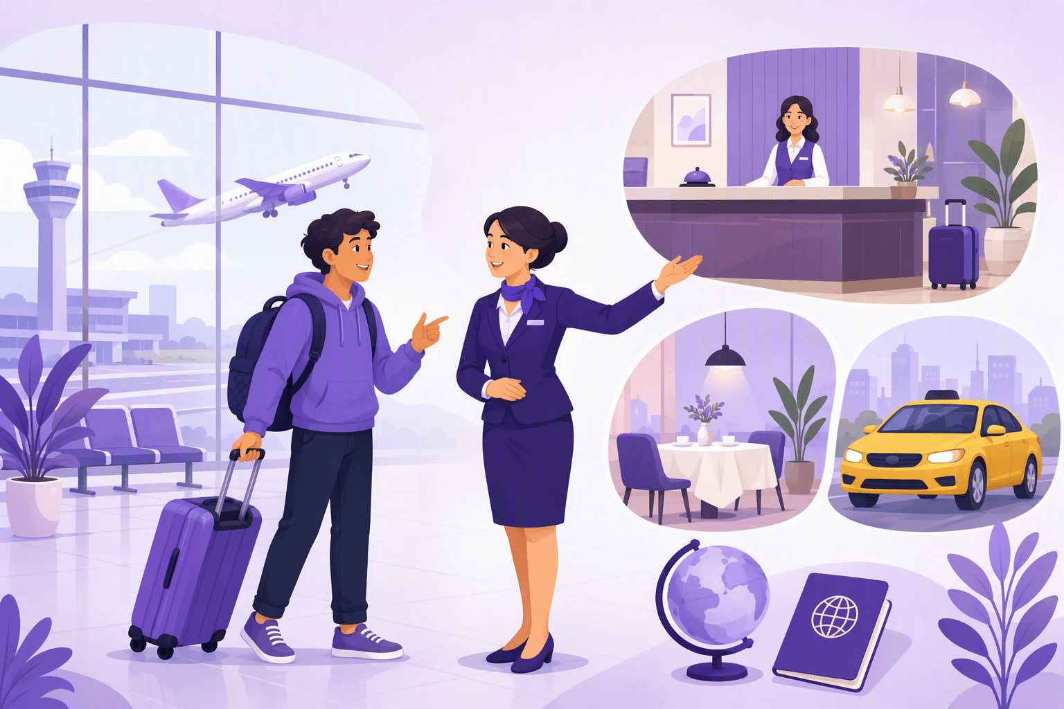 Traveler with a suitcase asking an airport staff member for directions, with hotel reception, restaurant and taxi scenes alongside