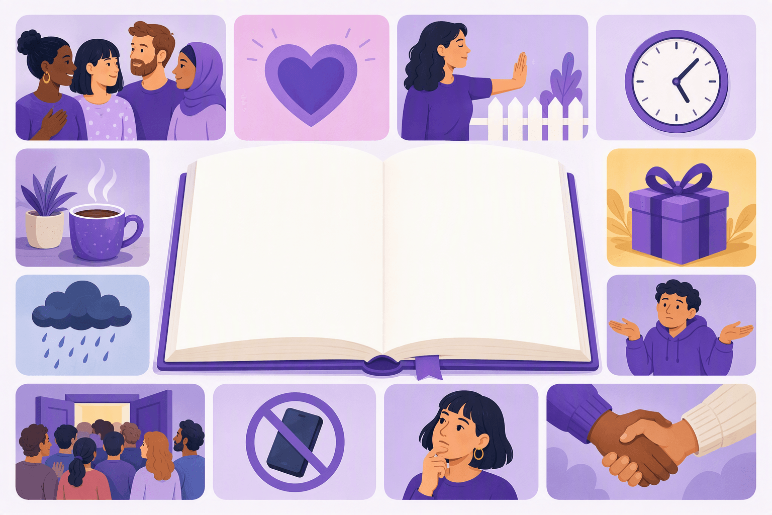 A flat-vector illustration shows an open blank book encircled by twelve colorful tiles depicting people and symbols for emotions, boundaries, time, daily situations, judgment, and social connection.