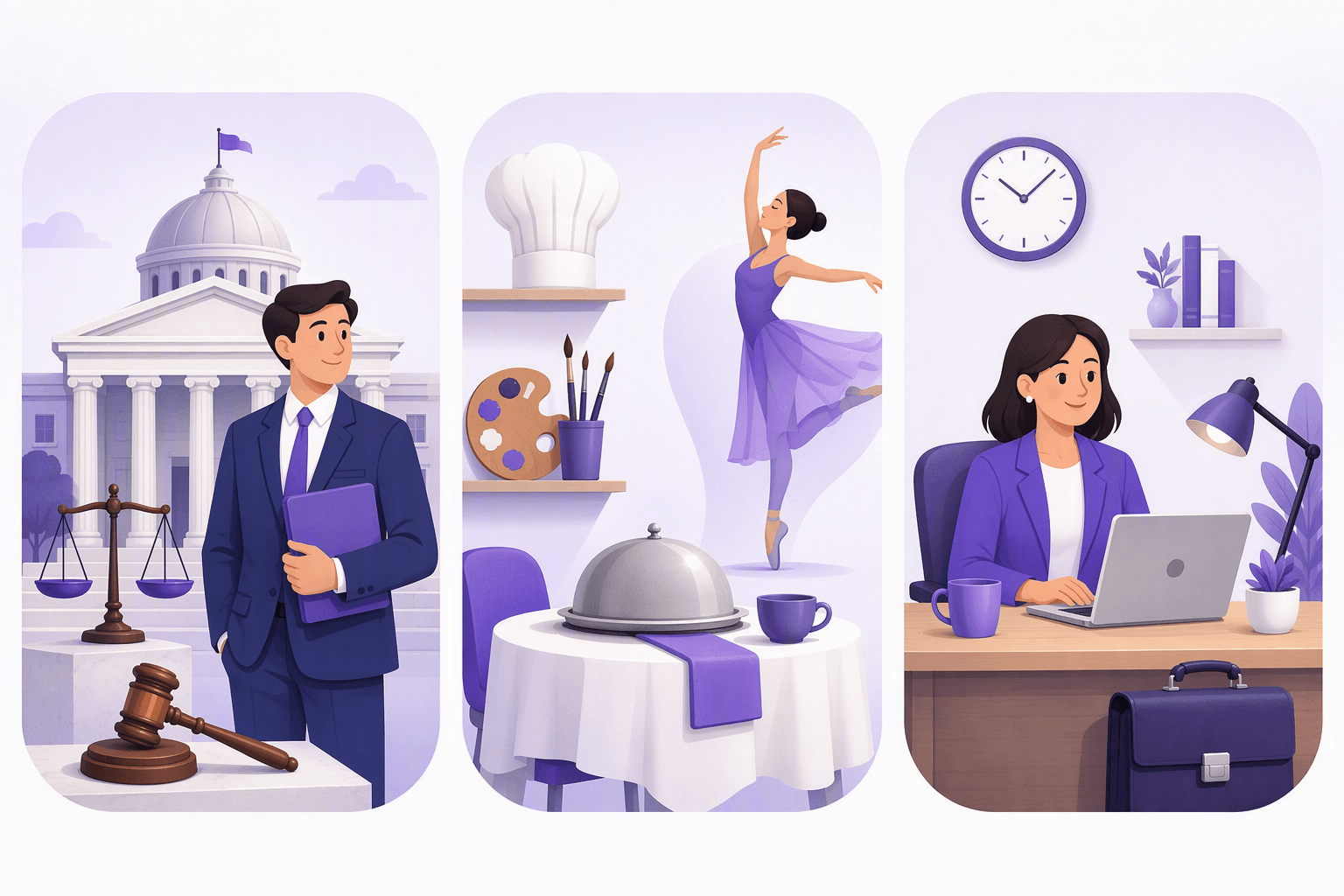 Three panels showing the areas where French-origin words cluster in English: a civic building with columns and a dome next to a gavel and a balance scale, a restaurant table with a covered serving dish beside a chef hat, an artist palette and a dancer on tiptoe, and an office desk with a laptop, a briefcase, a mug and a wall clock
