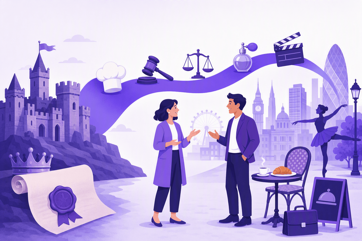 Illustration of French vocabulary travelling into English: a medieval Norman castle with a crown and a sealed scroll on one side, a ribbon carrying a chef hat, a gavel, a balance scale, a perfume bottle and a film clapper arcing over to a modern city, where two people talk beside a cafe table with coffee and a croissant, a briefcase and a ballet dancer