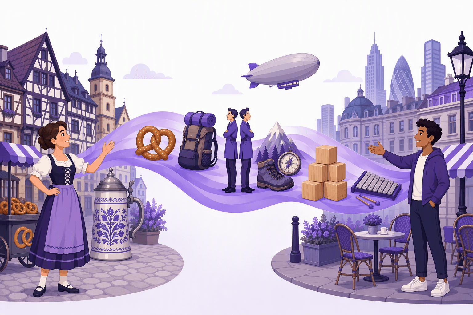 Illustration of German words travelling into English: a half-timbered old town square with a pretzel cart and a beer stein on one side, a modern city cafe terrace on the other, and a purple ribbon between them carrying a pretzel, a hiking rucksack, two identical figures standing back to back, a mountain with a hiking boot and compass, a stack of plain wooden blocks, a bell-bar instrument and an airship overhead