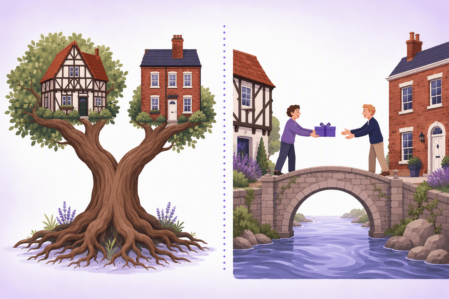 Two ways German and English share vocabulary: on the left one ancient tree whose single trunk splits into two branches, one holding a German half-timbered house and the other an English brick house, showing shared ancestry; on the right a stone bridge over a river where a person hands a wrapped parcel across to a person on the other bank, showing a word being borrowed