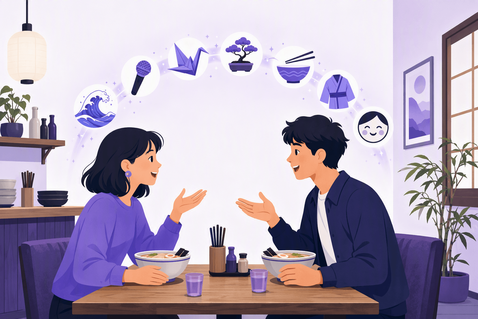 Two friends talking over bowls of noodles while icons of a wave, a microphone, a paper crane, a miniature tree, chopsticks and a folded robe float between them