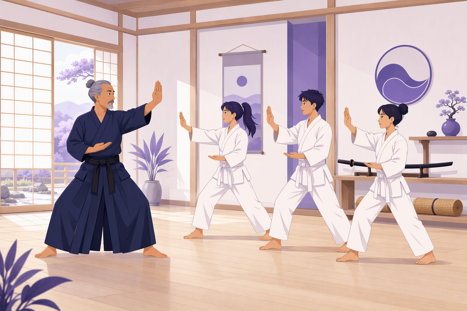 An instructor in a dark uniform demonstrating a slow posture while three students in white uniforms mirror the movement in a bright wooden training hall