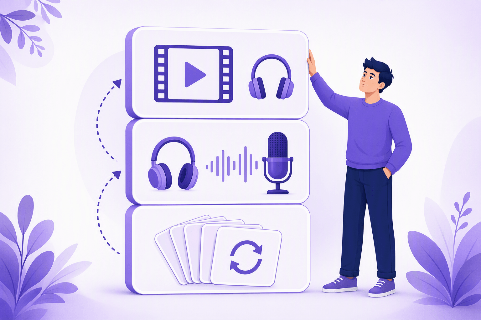 Three stacked panels forming a learning tower: a film frame with a play button and headphones on top, headphones, a sound wave and a microphone in the middle, a deck of flashcards with a repeat arrow at the bottom, with a learner standing beside it