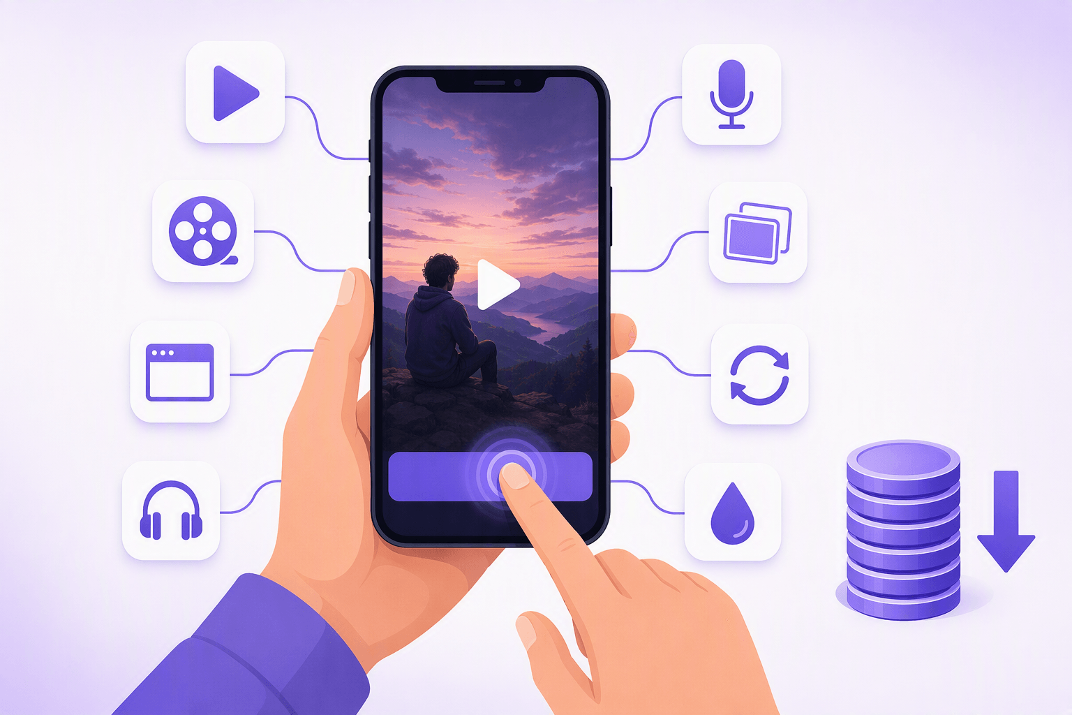 A hand tapping a word on the subtitle bar of a movie scene playing on a phone, surrounded by app tiles for video, browser, audio and flashcard learning, with a falling stack of coins showing lower cost