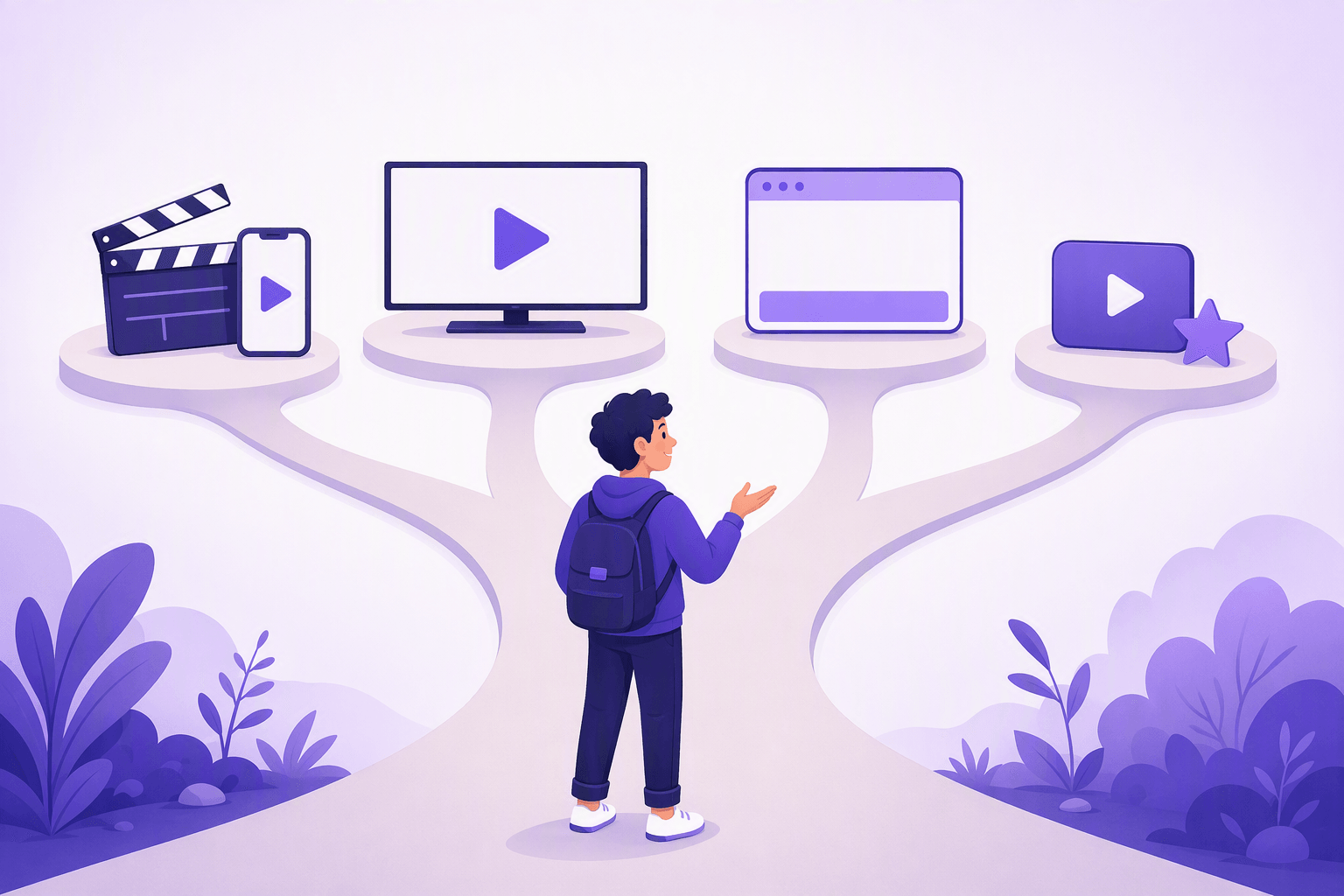 A path splitting into four branches that each end on a small platform: a clapperboard beside a phone playing video, a television screen with a play button, a browser window with a blank highlighted subtitle bar, and a small video frame with a star, while a learner with a backpack stands at the fork gesturing toward them