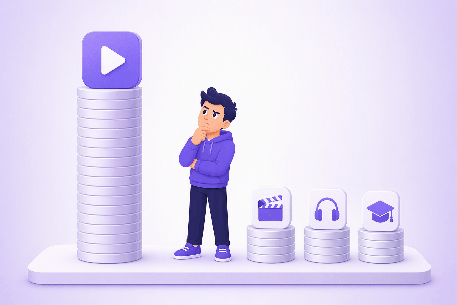 A towering stack of blank coins topped by a video player tile stands next to three much shorter coin stacks topped by a clapperboard, a headphone and a graduation cap tile, with a learner between them resting a hand on their chin and raising an eyebrow at the tall stack