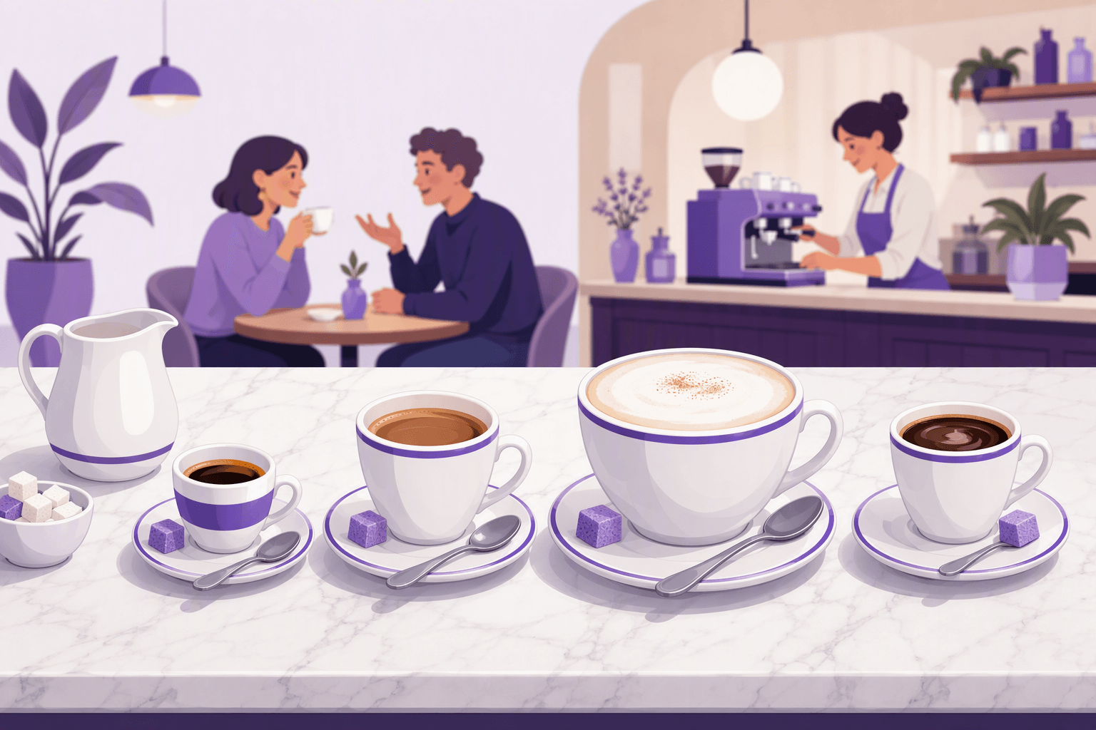 Four French coffee drinks lined up on a marble cafe counter: a small espresso, a longer diluted coffee, a large milky one, and a dark one with a splash of milk