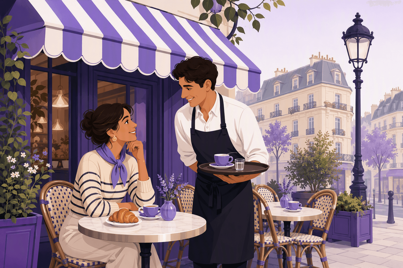 A Parisian cafe terrace under a striped awning, where a waiter carrying a tray of espresso greets a seated customer